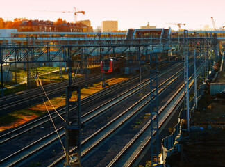 Railway track during dramatic sunset background