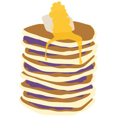 Minimal style vector graphic illustration of a stack of American pancakes dessert, with blueberry jam between the layers, and butter and honey elting on top.