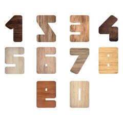 Set of custom wooden numbers from 0 to 9 with different color natural wooden textures