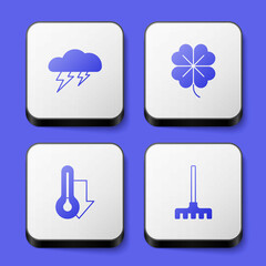 Set Cloud and lightning, Four leaf clover, Thermometer and Garden rake icon. White square button. Vector