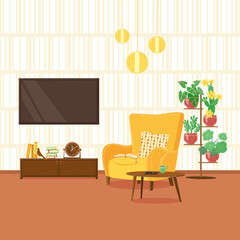 Cozy place to read or watch TV. Yellow armchair, TV, cabinet with doors, clock, houseplants, lamp. Flat plane style.  Graphic design template.