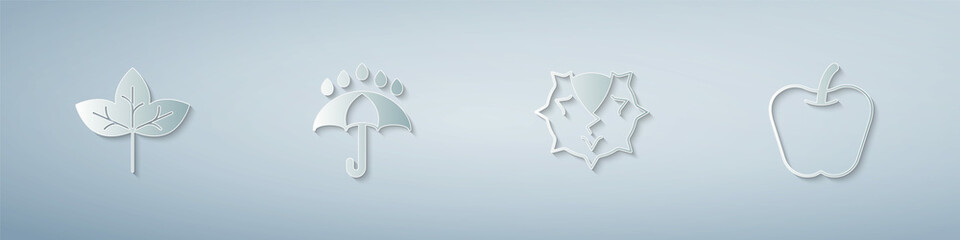 Set Leaf, Umbrella and rain drops, Chestnut and Apple. Paper art style. Vector