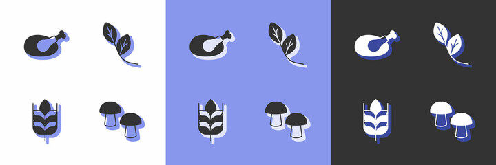 Set Mushroom, Roasted turkey or chicken, Wheat and Leaf icon. Vector
