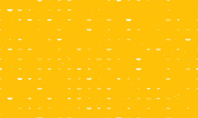 Seamless background pattern of evenly spaced white watermelon piece symbols of different sizes and opacity. Vector illustration on amber background with stars