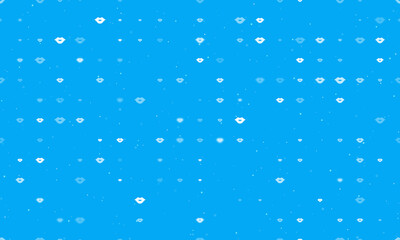 Seamless background pattern of evenly spaced white lips symbols of different sizes and opacity. Vector illustration on light blue background with stars