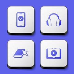 Set Online quiz, test, survey, Headphones, book and Audio icon. White square button. Vector