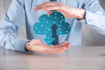 Man hold Cloud icon technology. Polygonal wireframe cloud storage sign with two arrows up and down....