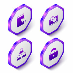 Set Isometric Online book, Question and Answer, class and Student working at laptop icon. Purple hexagon button. Vector
