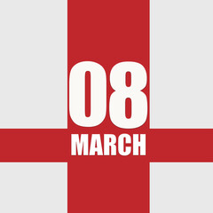 march 8. 8th day of month, calendar date.White numbers and text on red intersecting stripes. Concept of day of year, time planner, spring month.