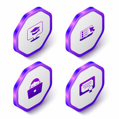 Set Isometric Graduation cap in speech bubble, Online quiz, test, survey, Student working laptop and Certificate template icon. Purple hexagon button. Vector