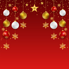 Christmas red background  with Golden ball and Christmas ornament