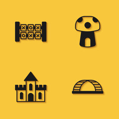 Set Education logic game, Monkey bar, Sand castle and Mushroom house icon with long shadow. Vector