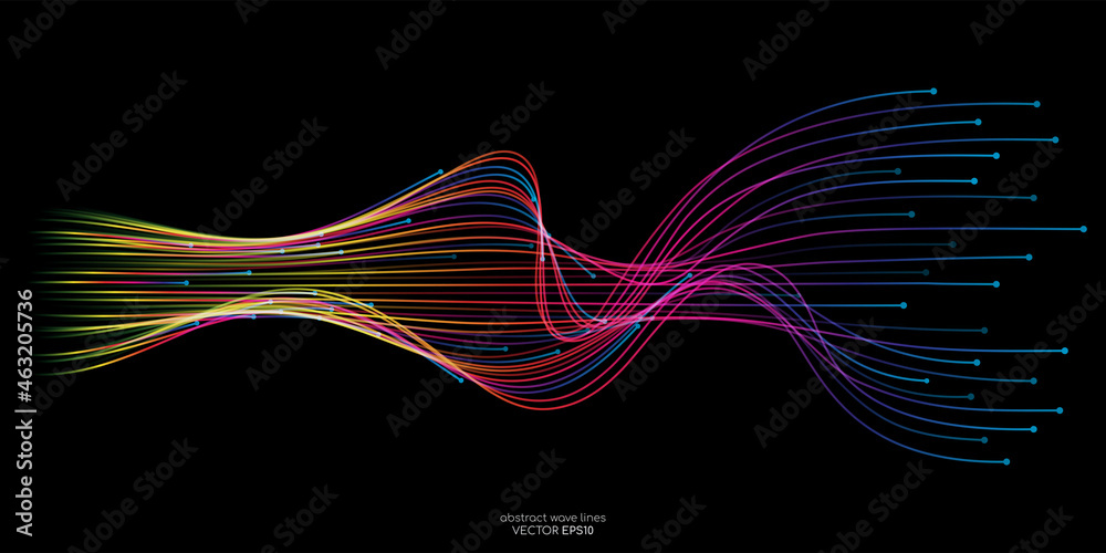 Poster Vector wave lines flowing dynamic colorful isolated on black background for concept of AI technology, digital, communication, science, music
