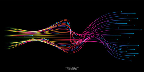 Vector wave lines flowing dynamic colorful isolated on black background for concept of AI technology, digital, communication, science, music