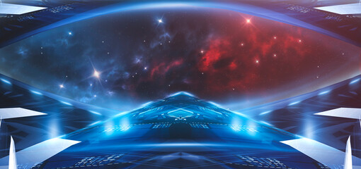 Space background, abstract futuristic fantasy space. Blue neon light, galaxy. Abstract fantastic space of the Universe. Space background with nebula and stars. Neon portal of the cosmic galaxy.  © MiaStendal