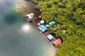 Panama.Tropical Island Aerial View. Wild coastline lush exotic green jungle. Red Frog Beach in Bastimentos Island, Bocas del Toro, Central America, Panama.