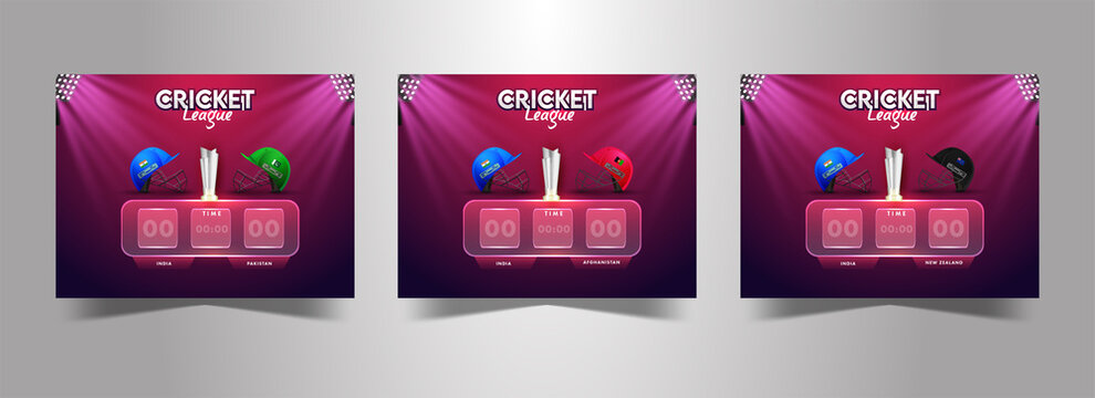 Cricket Digital Scoreboard Of Participating Different Countries Team With 3D Silver Trophy Cup And Stadium Lights On Pink And Purple Background In Three Options.