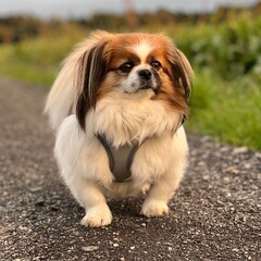 Kleiner Hund seht auf einem Feldweg und blickt in die Ferne.
Tibet Spaniel, Shih Tzu, Pekingese, Landleben, Haustier