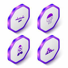 Set Isometric Seesaw, Hopscotch, Rocket ship toy and Slide playground icon. Purple hexagon button. Vector