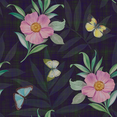Abstract botanical pattern of flower leaves and butterflies. Seamless pattern for fabric, wallpaper, wrapping paper design, scrapbooking. Watercolor leaves on branches, butterflies and flowers.