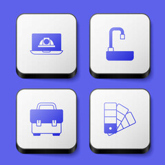 Set Worker safety helmet, Washbasin, Toolbox and Color palette guide icon. White square button. Vector
