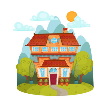 Cartoon cute little house with a red door surrounded by green trees and mountains. Cozy children's vector illustration for stickers, wallpapers, social networks design.