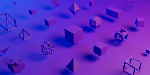 Abstract 3D Rendering of variety of geometric shapes in cyberpunk neon colors. Technology Background for banner, poster or branding.