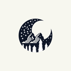 Crescent moon with stars, mountain, and pine trees for night adventure outdoor logo design