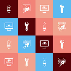 Set pop art Light bulb, Brick wall with trowel, Worker safety helmet and Adjustable wrench icon. Vector