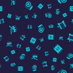 Set Drum with drum sticks, Wooden barrel on rack, Golden leprechaun coin and Saint Patricks day calendar on seamless pattern. Vector