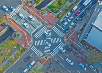 Aerial top view of road junction from above, automobile traffic and jam of many cars,...