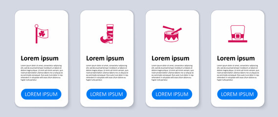 Set Leprechaun hat, Drum with drum sticks, boot and Ireland flag clover. Business infographic template. Vector