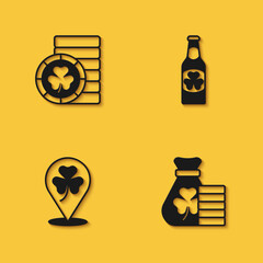 Set Golden leprechaun coin, Money bag with clover, Clover trefoil leaf and Beer bottle icon with long shadow. Vector