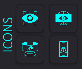 Set 3d modeling, Big brother electronic eye, and 360 degree view icon. Black square button. Vector