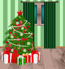 Christmas tree decorated with gift box, vector