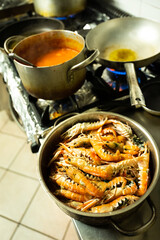 preparation for cooking shrimp in the restaurant kitchen