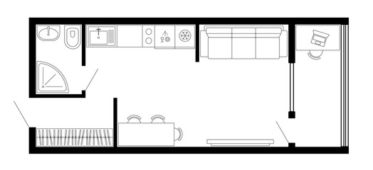 Apartment floor plan. Vector architecture micro studio plan of condominium, flat, house. Interior design elements kitchen, bedroom, bathroom furniture. 2D micro studio apartment floor plan.