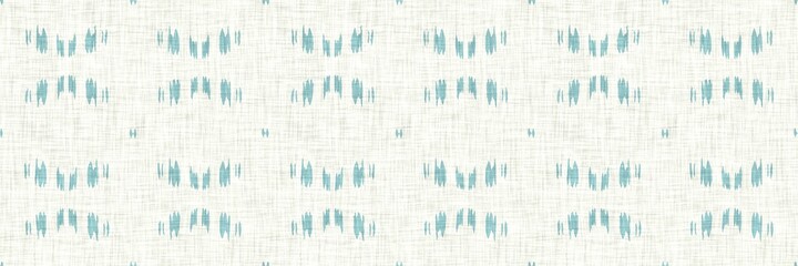 Aegean teal geometric border strip linen texture background. Summer coastal living style home decor fabric effect. Sea green wash grunge edge material. Decorative textile geo seamless pattern banner.