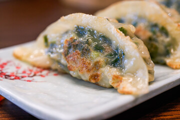 A plate of delicious Chinese fried leek dumplings