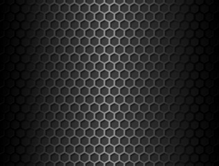 Vector metal hex grid seamless pattern on black background. Black iron hexagonal grill endless texture. Web page fill