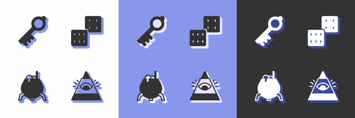 Set All-seeing eye of God, Old magic key, Witch cauldron and Game dice icon. Vector