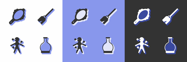 Set Bottle with potion, Magic hand mirror, Voodoo doll and Witches broom icon. Vector