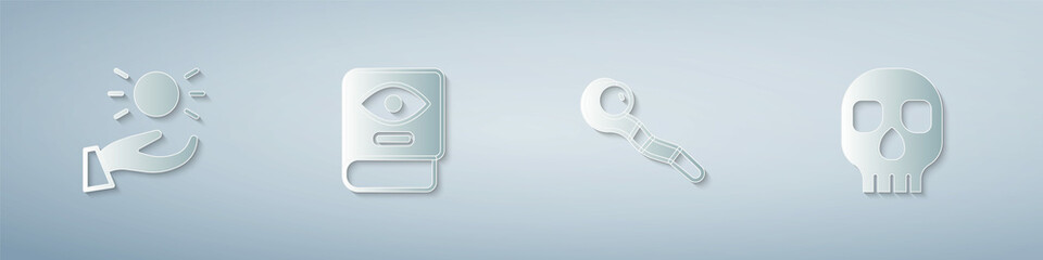 Set Ball levitating above hand, Ancient magic book, Magic staff and Skull. Paper art style. Vector