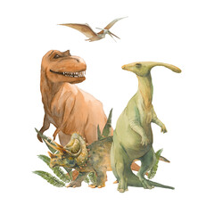 Watercolor dinosaurs illustration isolated on white background. Jurassic scene with reptiles: tyrannosaurus, triceratops, pterosaur - 463210339