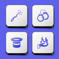 Set Magic wand, Handcuffs, hat and holding fire icon. White square button. Vector