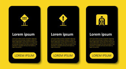 Set Train in railway tunnel, Exclamation mark square and Railroad crossing. Business infographic template. Vector