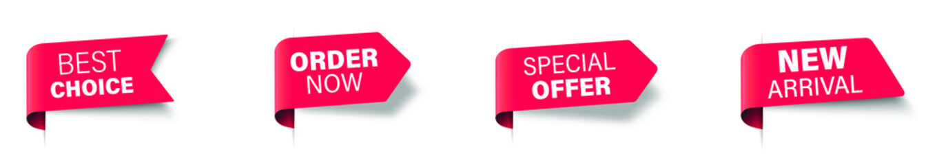 Best choice, order now, special offer and new arrival banners. Red ribbons, tags and stickers. Vector illustration.