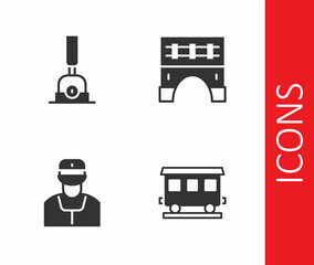 Set Passenger train cars, Arrow for switching the railway, Train conductor and Bridge icon. Vector