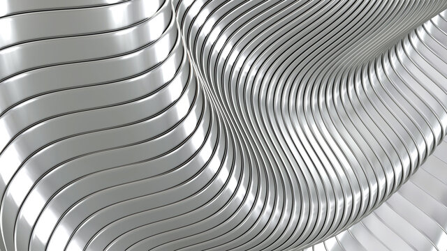 Abstract silver background with 3D waves pattern, interesting minimal chrome metal striped vector background illustration