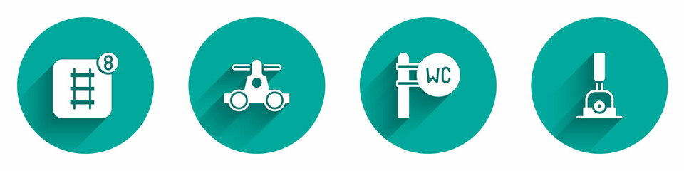 Set Online ticket booking, Handcar transportation, Toilet and Arrow for switching the railway icon with long shadow. Vector